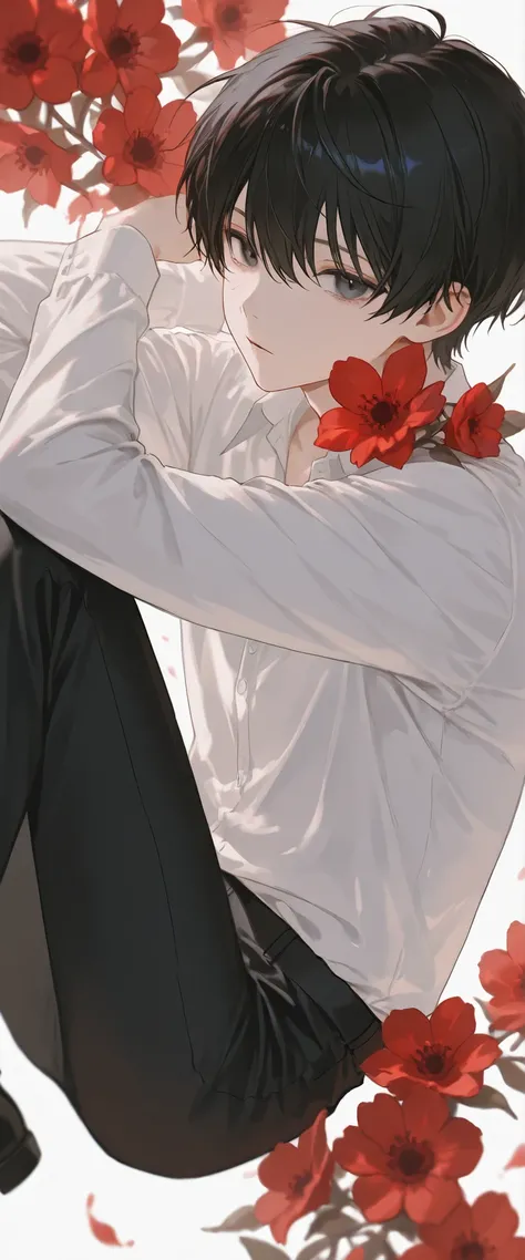(1 boy with short black hair:1.4),Red flowers lie in many coffins、 white shirt、black pants、moonlight