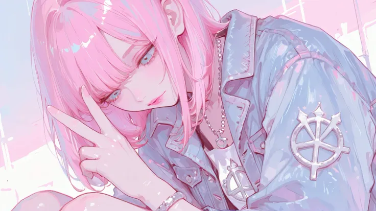 Pastel colors, one girl, denim jacket (cool clothes ), beautiful light blue eyes, pink lips, top quality,silver bracelet, silver necklace, pink hair (bobbed hair), look down, peace sign