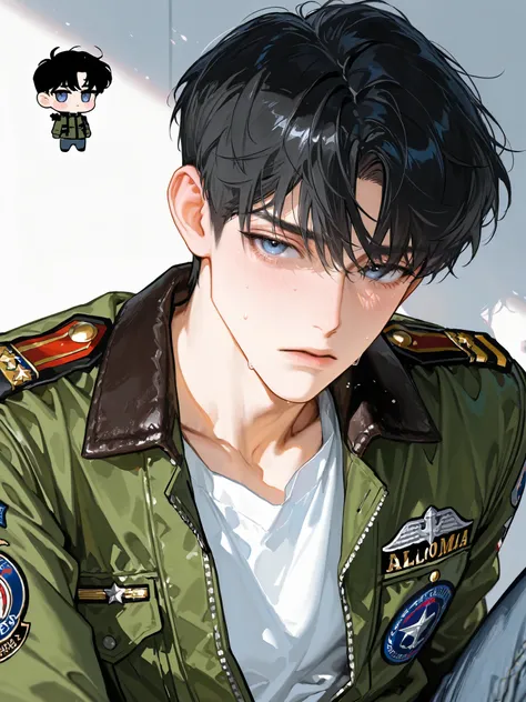 Super Deformed (SD) style chibi character,beautiful masterpiece, Complex Details, accurate description , 1 person, black hair,handsome,Close-up facial depiction of a dot,adult male,27 years old,handsome,Seductive gaze,Sweet impression,alone,alone male,sho...