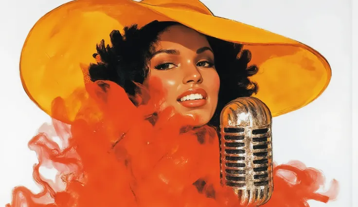 the face of a black woman singing into an old microphone, wearing a chic René Gruau-style hat, Chic dress, white background, poster art, illustration. color palette: red ruby, Preto rico, Bigfoot Feet, cinnabar, Deep Coffee