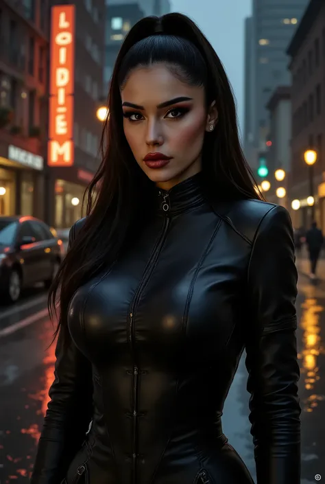 realistic drawing, an extremely beautiful woman, with long jet black hair, dark eyes, Skinny slim waist, skinny hourglass figure, bushy eyebrows, marked jaw, Small and thin nose, full lips, dressed in a black leather coat tied, glowing home light, in the r...