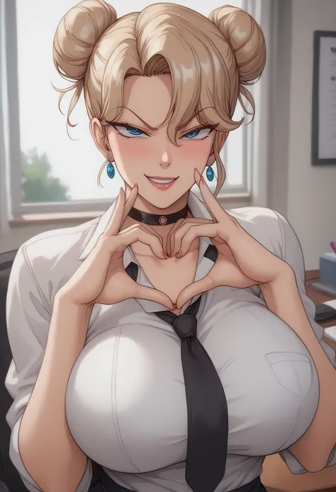 Reika_Kurashiki's, nsfw, masterpiece, (best quality:1.2), (sharp focus:1.2),, 1 Woman's, Busty girl,, (blonde|Tied-Bun hair, Intimidating Blue Eyes),, detailed face, Mature|Lewd face, blush, evil smile,, natural Huge breasts, Perfect arms, Wide Hips, white...