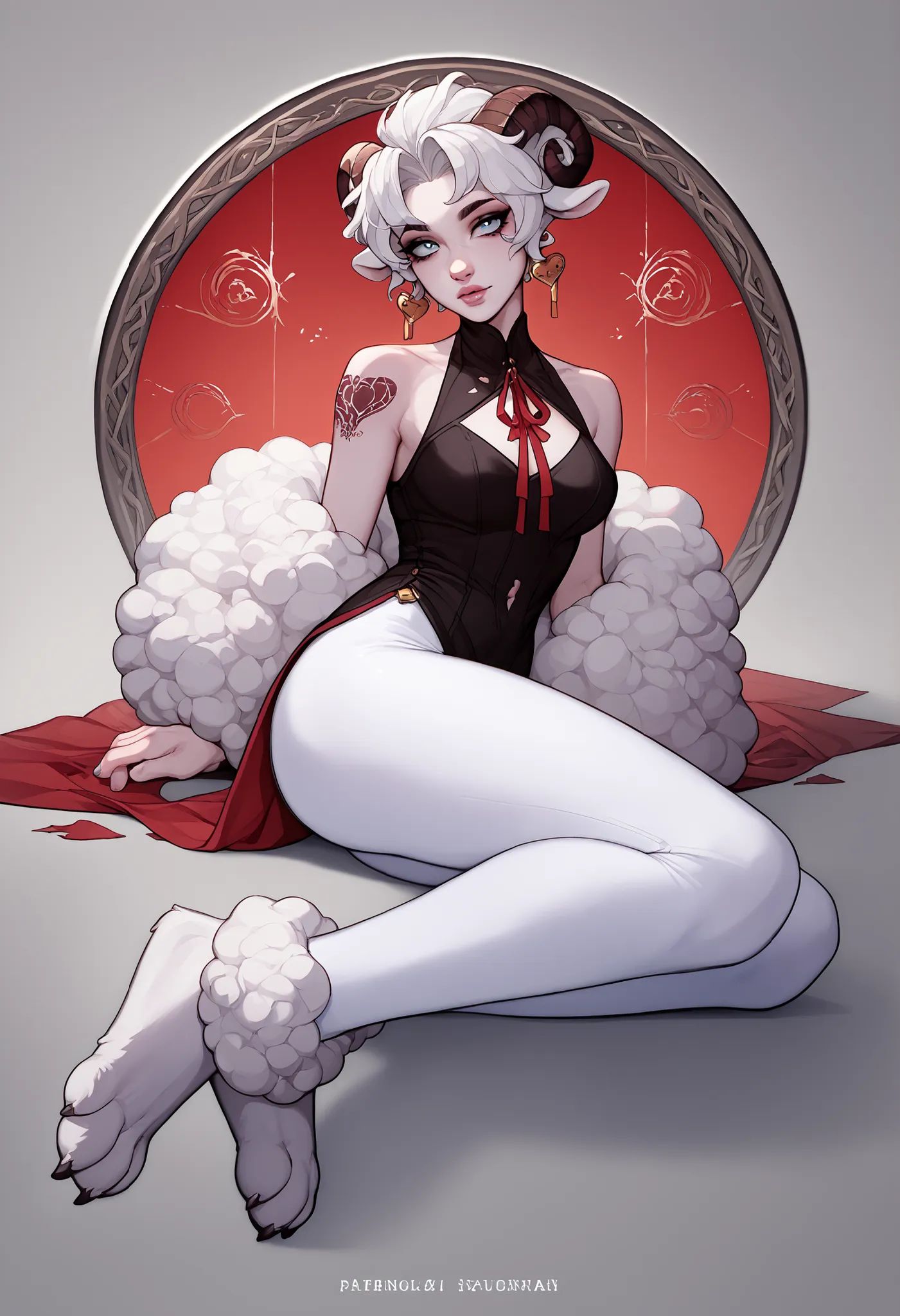 An anime-style character inspired by an anthropomorphic sheep. She has light gray skin and voluminous white hair, looking like fluffy wool, decorated with red ribbons. She wears a ripped black blouse that reveals part of her torso, combined with a slightly...