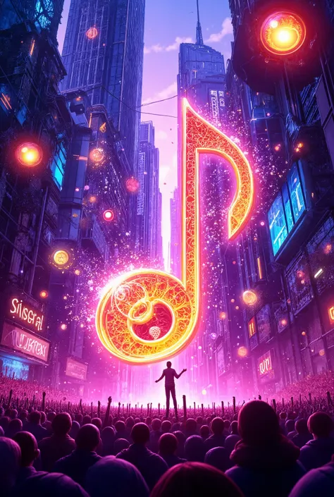 ((Create Great Musical Notes: Touring everywhere in a city filled with music and nostalgia for the good times of the show music quality Cinamatic reference to great futuristic anime and manga designs in HD 32k quality)))