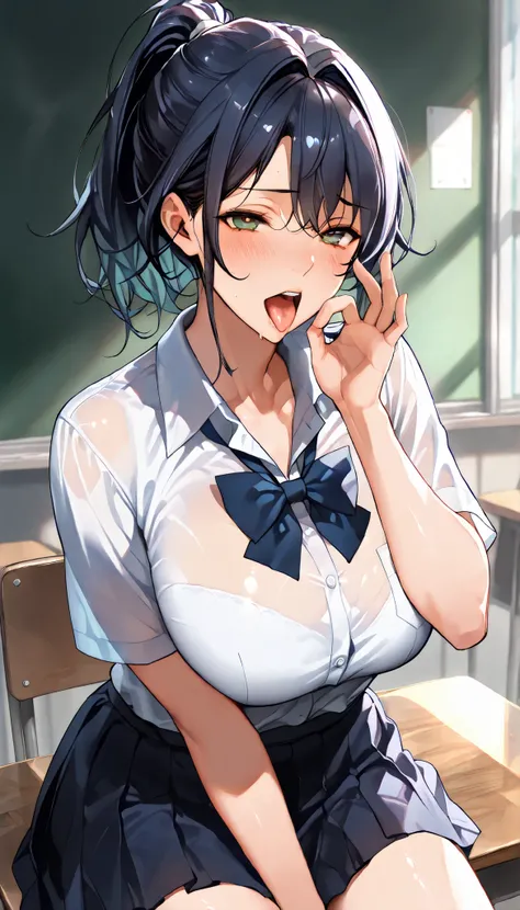 SOLO,Modern Backgrounds,A female with slim body(older girl),(Green eyes),huge oppai,shiny skin,(Wearing A loose JK skirt),(Loose school uniform)(See-through),Sitting in Classroom,Arrogant sitting position,(Dark Blue short hair,Split ponytail,Long ponytail,...