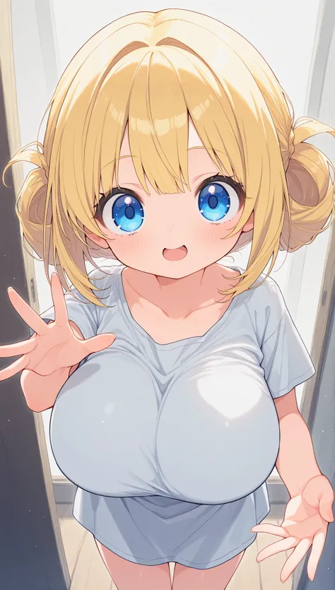 masterpiece, ultra detailed, chibi girl, blonde bob hairstyle, big eyes, big head, solo, large breast, reaching forward, begging expression, 不透明な厚い黒シャツ