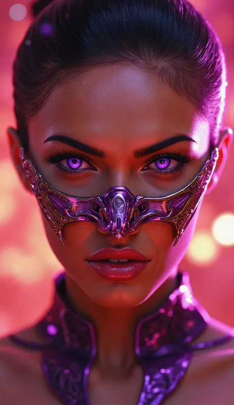 Mileena appears in a sweeping close up, with her face shot at 8K, radiating an aura of beauty and indomitable violence. Sua pele, de tom levemente bronzeado, shines with an intense softness, every detail like a sculpted work of art, immortalizing the tensi...