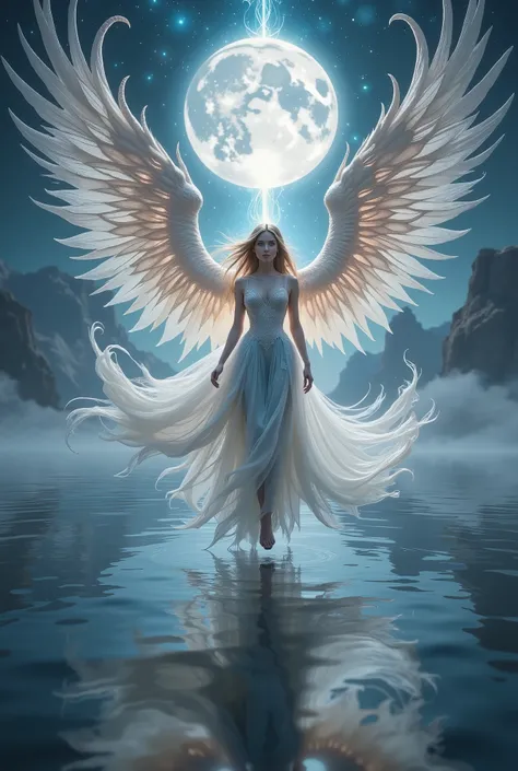 Beautiful girl, Angel, walks on water, fantasy style, beautiful Moonlight Night, masterpiece, better quality, high detail, 