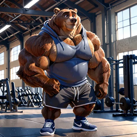 bara kodiak brown bear, strong physique, perfect anatomy, masterpiece, brown mustache and beard, wrinkles, huge brown fur, solo, great lighting, added eyes with red pupils, huge muscular, gym shorts, gym socks and shoes, hoodie sleeveless, gym watch, gym s...