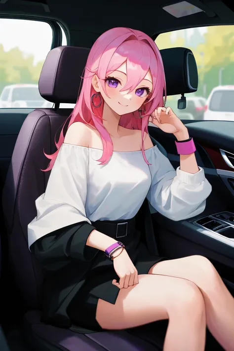 (masterpiece, Highest Quality),1 girl sitting in a car ,1 girl,  jewelry, smile, Watch Viewers,  car interior , solo,pink hair, PURPLE EYES, steering wheel, , long hair, white shirt waiting for a traffic light, off shoulder, Black Jacket, hair between eyes, long sleeve, , wristband,