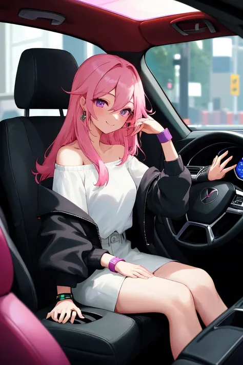 (masterpiece, Highest Quality),1 girl sitting in a car ,1 girl,  jewelry, smile, Watch Viewers,  car interior , solo,pink hair, PURPLE EYES, steering wheel, , long hair, white shirt waiting for a traffic light, off shoulder, Black Jacket, hair between eyes, long sleeve, , wristband,