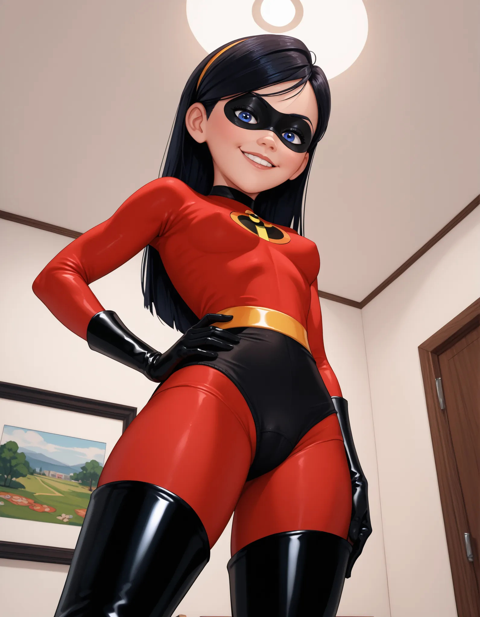 Anime1 girl, Violet Parr,solo, smile,looking at viewer, blue eyes, half closed eyes, sensual expression, incredibles outfit, (black high cut panty briefs), red bodysuit leggings, small breasts, black gloves, black knee boots, long dark hair, standing, one ...