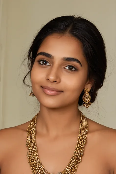 
Create a portrait of a young indo-european girl with indian heritage looking directly at the camera with a confident yet warm expression. Her face is in full frontal view, showcasing her symmetrical features and deep, expressive brown eyes that convey bot...