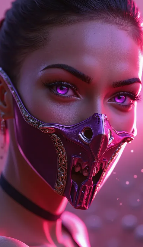 Mileena appears in a sweeping close up, with her face shot at 8K, radiating an aura of beauty and indomitable violence. Sua pele, de tom levemente bronzeado, shines with an intense softness, every detail like a sculpted work of art, immortalizing the tensi...