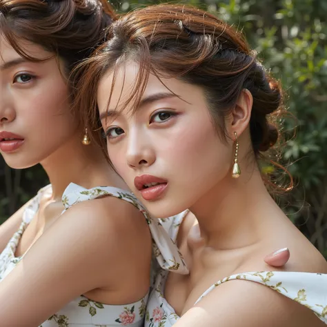 Identical twin sistersのキス . a high quality award-winning masterpiece, high resolution, high resolutionR, (フォトreal) fine art photo magazine with intriguing fine art style: botanical beauty: highlight your natural beauty with pastel outfits with plant print...