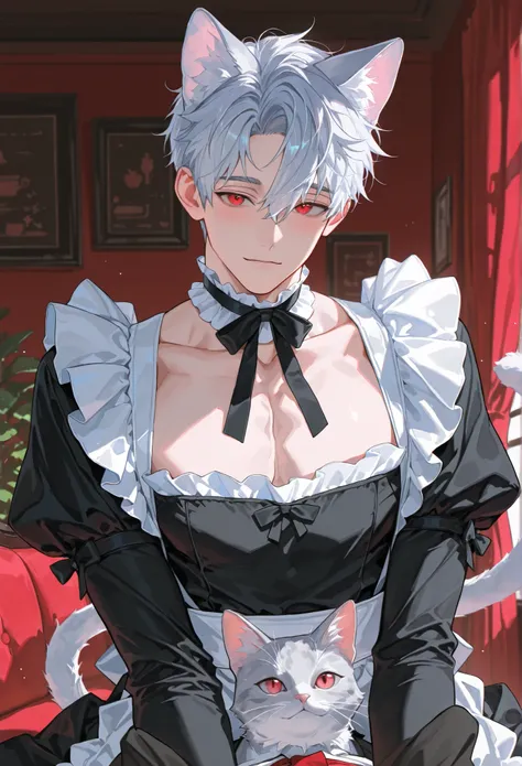 1 male, 28 year old male, handsome, adult, mature, beautiful masterpiece, silver hair, red eyes, short hair, decadent beauty, chic, wearing a choker, wearing a black maid outfit, silver cat ears, silver cat tail, kuudere, alone, the background is a maid ca...