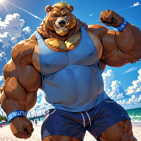 huge muscular Eurasian brown bear in St. Petersburg beach, big smirk, light Eurasian bear, huge light brown fur, thick arm, huge arm, golden mustache, short Golden hair and beard, (muscular, pectoral, wide pectoral, thick arms), 8k, masterpiece, detailed g...