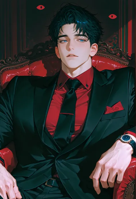 8k, beautiful masterpiece, 1 man, 32 years old male, mature, handsome, 187cm, Italian, cold expression, alone, muscular, pectoral muscles, black suit with a red shirt and matching pocket square, black tie added, jet black hair, Short hair, his hairstyle is...