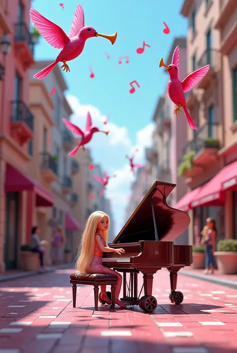 Visualize a lively scene in Barbie City, where streets are richly decorated with musical notes. Barbie dolls enjoy their surroundings as whimsical instruments with bird-like wings—trumpets, clarinets, and violins—flutter through the air. A piano equipped w...