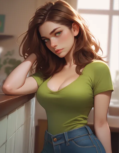 realistic, a girl, long brown hair, straight hairstyle, green eyes, large breasts, short green t-shirt with cleavage, denim short