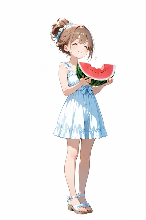 eating watermelon in summer, flat bust, full body in frame, summer casual outfit, random hairstyle, happy face, transparent background