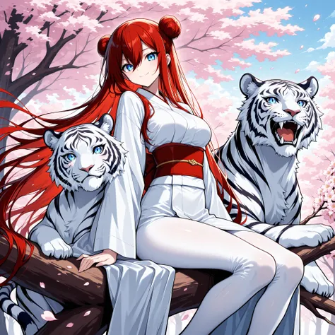 1 creature, large white tiger, white tiger sitting next to girl, blue eyes, BREAK 1 woman , blue, very long hair , long sidelocks, red hair, petite , very cute , beautiful ,Straight hair, cool, handsome, hair between eyes, sexy, medium breast, double side...
