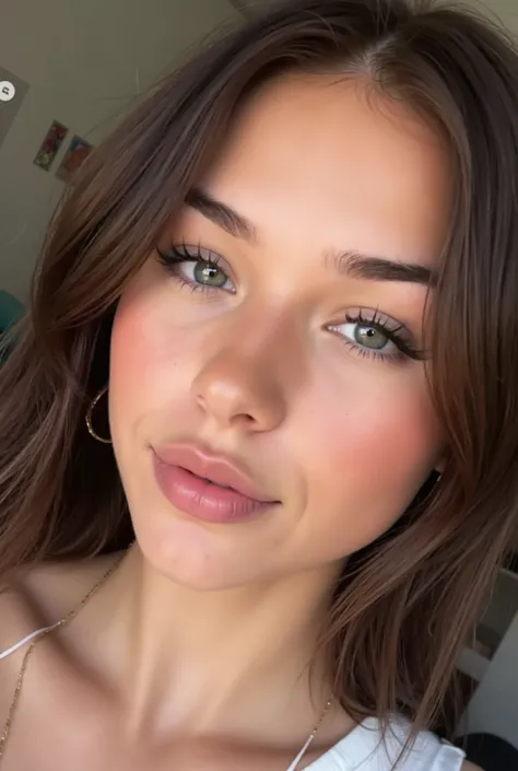 Boring Snapchat selfie, close-up portrait of a stunning 23-year-old woman, delicate soft features, lightly tanned fair skin with realistic skin texture, visible pores, subtle facial peach fuzz, soft light catching tiny facial hairs, slight natural skin shi...