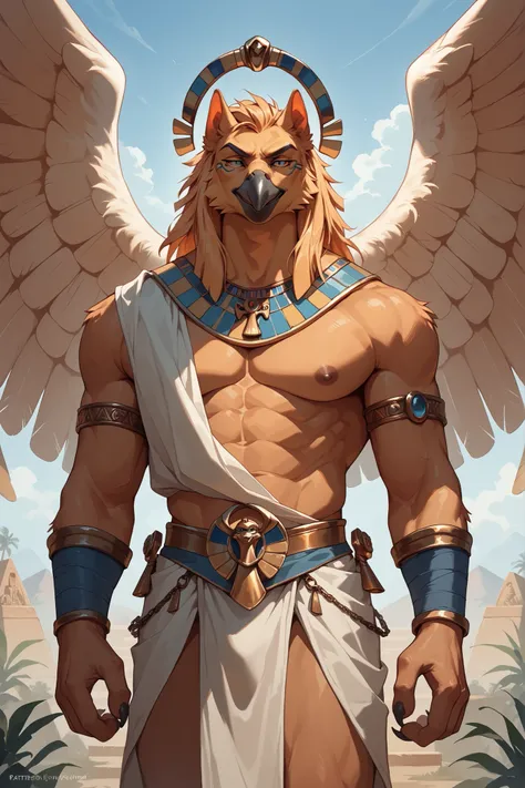 (male) anthropomorphic bird,  Egyptian mythology, Egyptian mountain, big angel wings