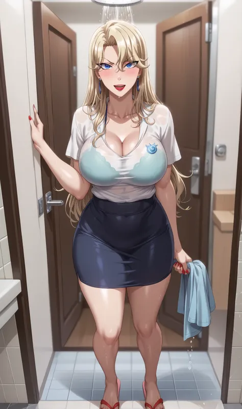 Reika_Kurashiki's/Boruto, mother, 40 YEARS, Red lips,  big thighs,  big breasts, She's wears a very tight and transparent sleeveless t-shirt.,  skirt very tight to the body, Blonde Hair, Intimidating Blue Eyes, Long hair, Straight hair, disheveled, ashamed...