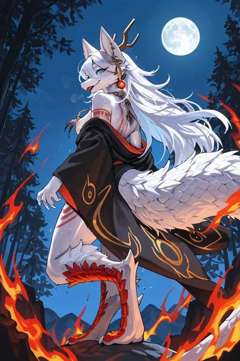  anthropormic，Fashionable anthropomorphic furry girl，White hair， blue background，Wearing special earrings，bohemian style，defined eyelashes，Bright and full blue eyes，clean通透的眼珠，Flat illustration of smile，geometry，clean，Japanese manga, Anthropomorphic Kitsun...