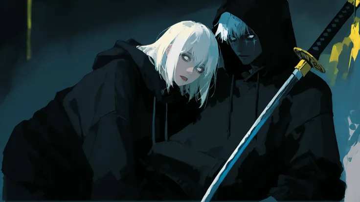 BLACK BOY WITH WHITE EYES AND WHITE HAIR AND BLACK HOODIE HOLDING A KATANA
AND FIGHTING A BLONDE GIRL WITH YELOW EYES