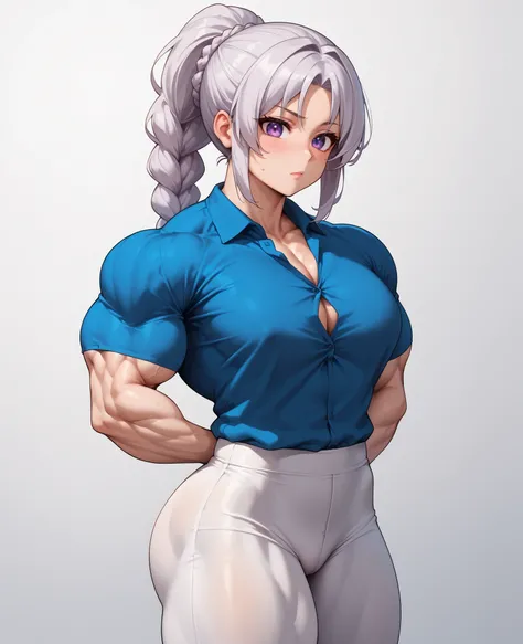 source_anime ,score_9, score_8_ up, score_7, ((White background)) White skin ((Russian woman)) ((1girl)) (narrow-eyed) Fierce face ,slender face, (solo girl) ,30 years old, rathing_explicit , (purple eyes), (White ponytail braid:1.2) (blue open-chest shi...