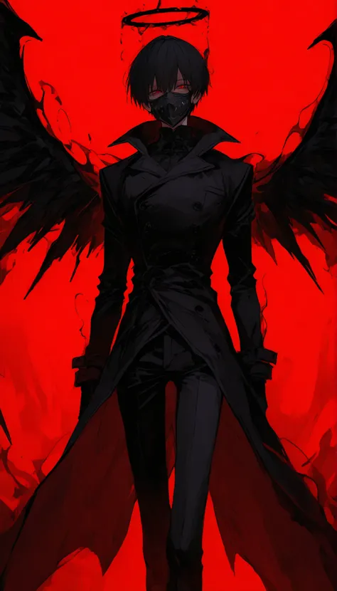 Male, Black hair,in red eyes,Black Coat,Black mask,red background,Black Halo ,Fanged Face,, distorted ,Slim legs, black pants ,Black Winged Aura,