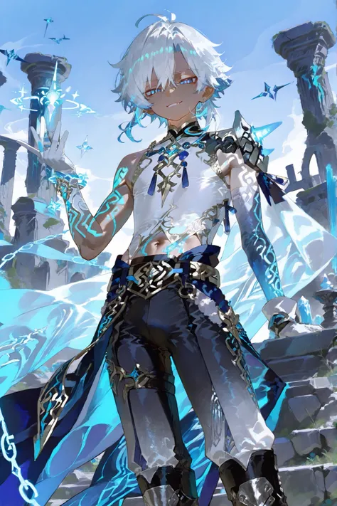 age tall slim elegant fantasy male boy with pale albinism tanned glowing skin, short messy spiky snow-white hair with soft flowing strands brushing over bright crystal-blue sharp eyes, youthful soft manly boy features, wearing intricate Genshin-inspired ...