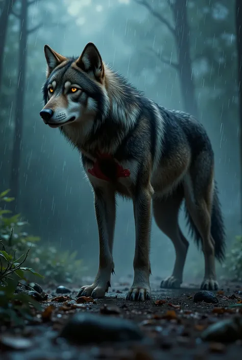 Lone wolf wounded in the chest on a rainy night