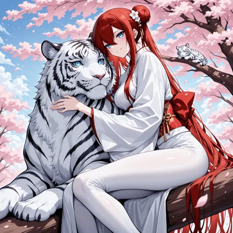 1 creature, large white tiger, white tiger sitting next to girl, blue eyes, BREAK 1 woman , blue, very long hair , long sidelocks, red hair, petite , very cute , beautiful ,Straight hair, cool, handsome, hair between eyes, sexy, medium breast, double side...