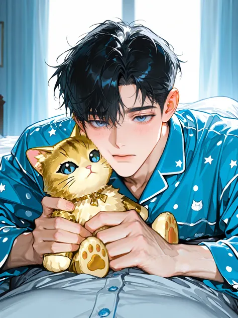beautiful masterpiece, Complex Details, accurate description ,1 person,male, black hair,handsome,Close-up facial depiction of a dot,adult.27 years old,handsome, affectionate atmosphere ,short hair,right Garma,mature,blue-gray eyes,bright skin,light muscle...