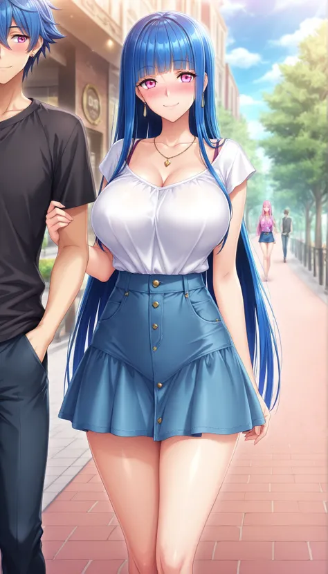 masterpiece, best quality, good quality, 1girl, Brynhildr Valhanna, blue hair, long hair, straight hair, pink eyes, large medium breasts, slim, game cg style, blush, horny, slutty, smile, dating, casual outfit, shirt, skirt, necklace, earrings
