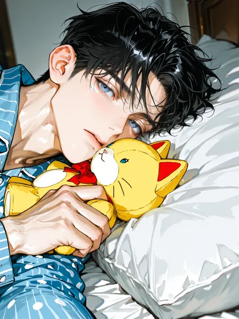 beautiful masterpiece, Complex Details, accurate description ,1 person,male, black hair,handsome,Close-up facial depiction of a dot,adult.27 years old,handsome, affectionate atmosphere ,short hair,right Garma,mature,blue-gray eyes,bright skin,light muscle...