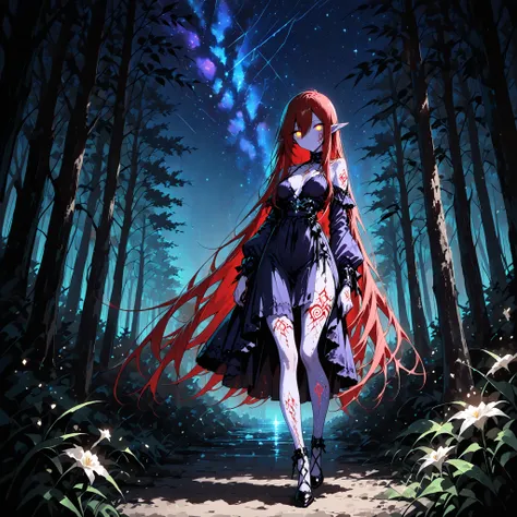 1 woman , blue, very long hair , long sidelocks, red hair, petite , very cute , beautiful ,Straight hair, cool, handsome, hair between eyes, sexy, medium breast, ,  nightborne, purple skin, long pointy ears, glowing eyes, no pupils, facial markings, tattoo...