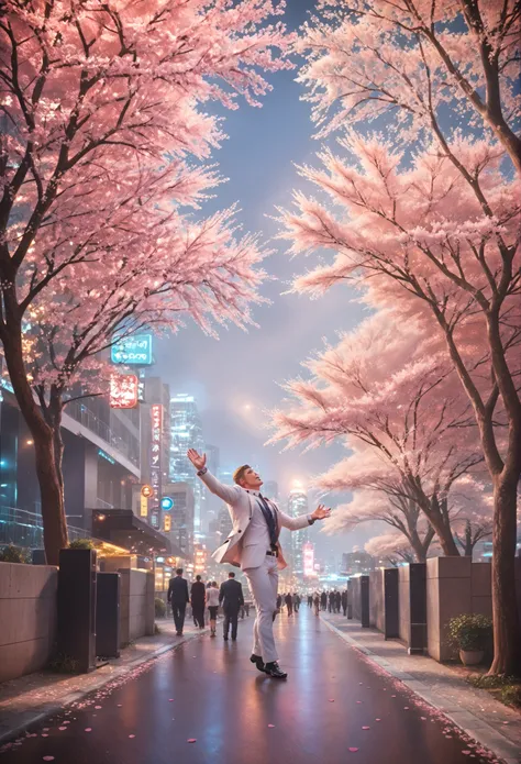 American-style office streets,A man's attractive body,cherry tree,cherry blossom petals dance,Sakura Fubuki,petals turn into musical notes、Bringing music to the city,I like making music,The five-line score and score are visualized、a strong man in a white s...