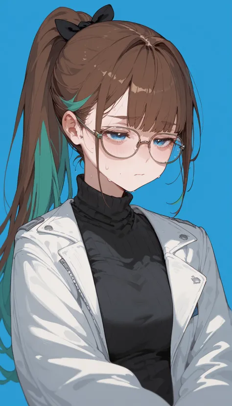 girl,in blue eyes,brown hair,Green Hair,Two tone hair,with glasses,White Jacket,black turtleneck,blue background,long hair,tired, ponytail,,sweat,