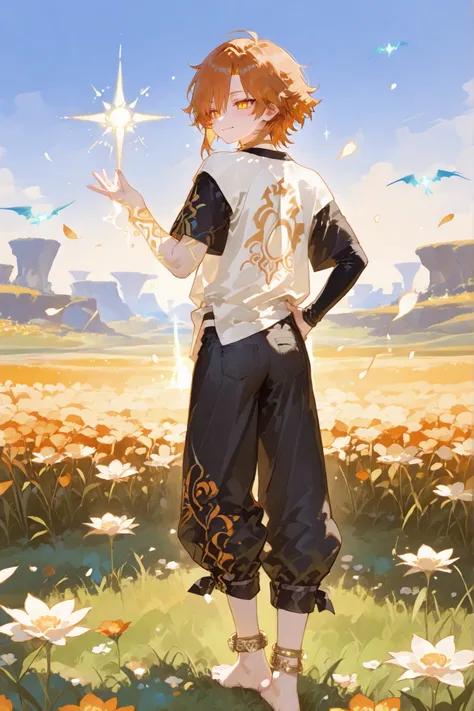 age slim athletic manly boy with glowing soft sun-kissed skin, bright messy short fluffy orange hair with soft wavy bangs framing his face, sparkling vibrant bright orange eyes full of life and warmth, cheerful smiling expression with light dimples, weari...