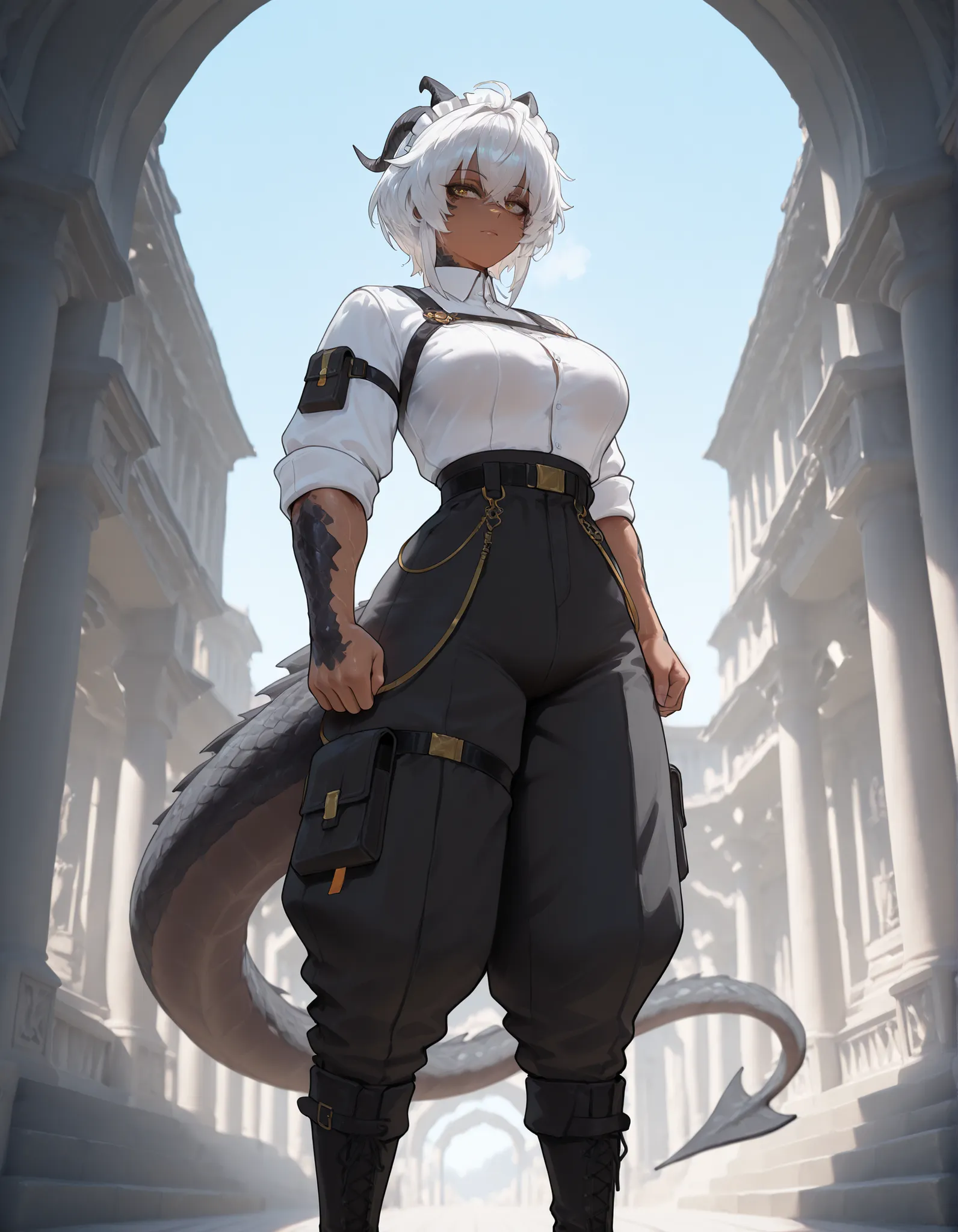 masterpiece, best quality, amazing quality, very aesthetic, absurdres, newest, scenery, extreme detail, 8k, detailed eyes, yellow eyes, athletic, scalie arms and neck, dragon horns, solo, extremely detailed scales, short spiky white hair, short hair, dark ...