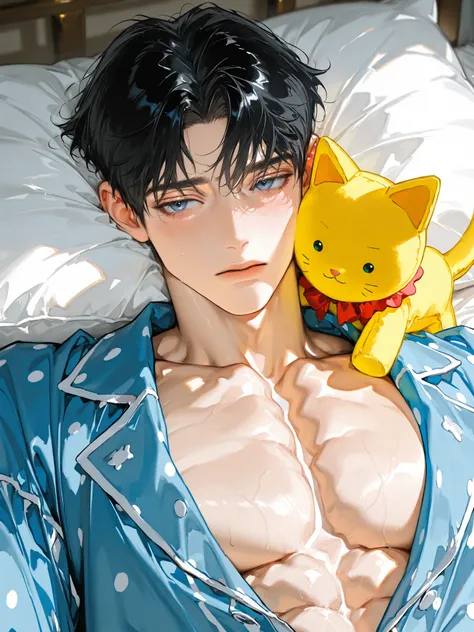 beautiful masterpiece, Complex Details, accurate description ,1 person,male, black hair,handsome,Close-up facial depiction of a dot,adult.27 years old,handsome, affectionate atmosphere ,short hair,right Garma,mature,blue-gray eyes,bright skin,light muscle...