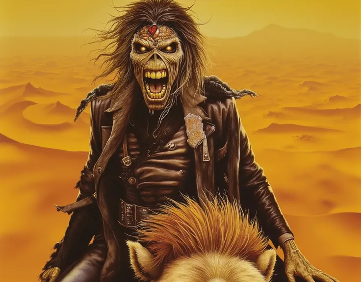 Close-up. iron maiden album cover of Eddie driving a camel over a dune , 1 9 8 0's heavy metal album art, 1980s metal artwork, realistic, detailed, intricate