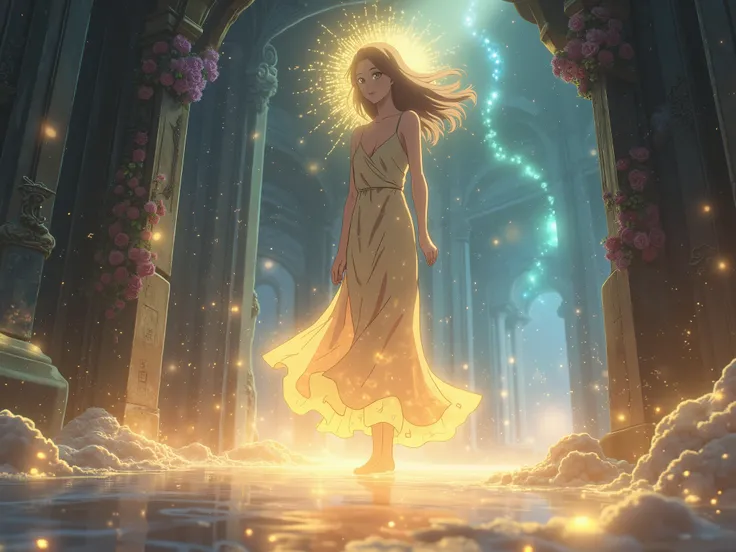 A breathtaking anime illustration in Makoto Shinkai style: A majestic, divine brown-eyed woman stands inside a surreal place transformed by emotion — walls have melted into swirling galaxies and soft glowing city lights. Close up shot with glowing halo at ...