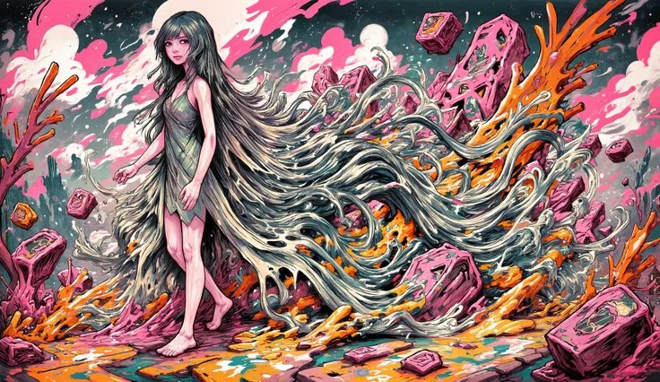 grafitti art, surreal fantasy, mural art, Beautiful girl with long wavy hair walks using summer dress, in Rio de Janeiro, Redentor, geometric forms in background, surrealism, mural art, color palette Rusty Red, Antique Ruby, Dark Green, Midnight Gree...