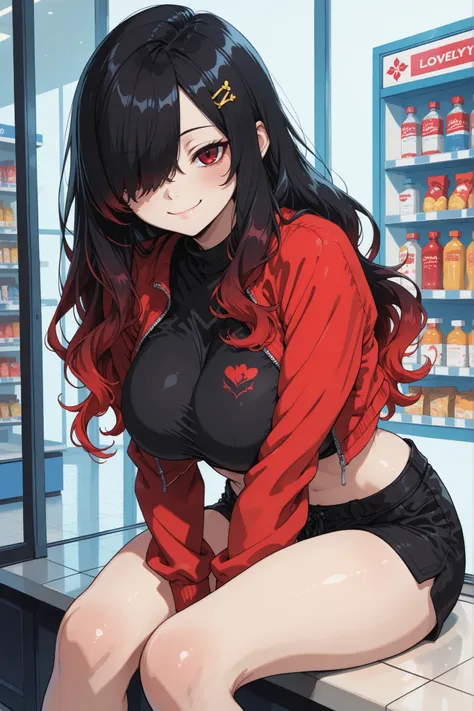 1 girl, Kuroki Monika, red eyes, gradient hair, black hair, red hair, long hair, asymmetrical hairline, hair over right eye, ((large breasts)), (petite but curvy), very cute, lovely,  yellow hairpin, red jacket, black crop top,  black shorts, cute, smile, ...
