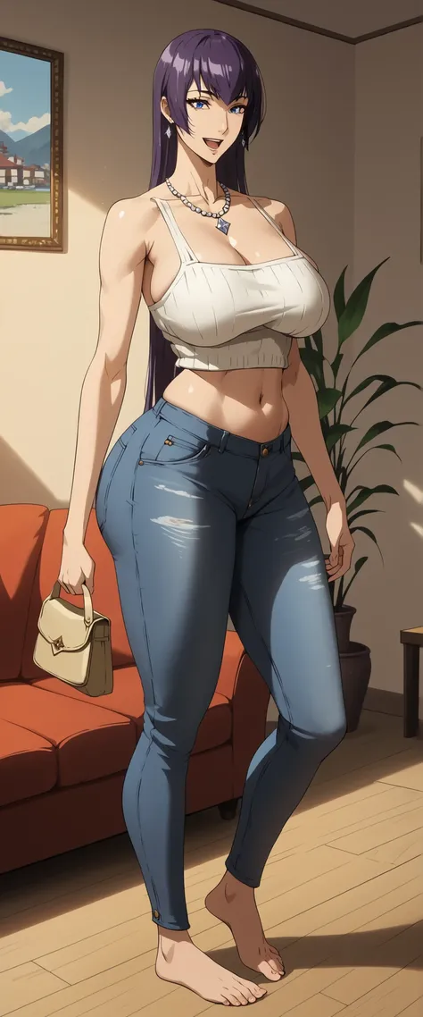 Saeko Busujima, 
最high quality, masterpiece, Very detailed, high quality, high resolution, A girl, Mature woman, Purple Hair, blue eyes, earrings, beautiful, beautiful and perfect face, Smile, open mouth, View your audience, diamond necklace, sleeveless sw...